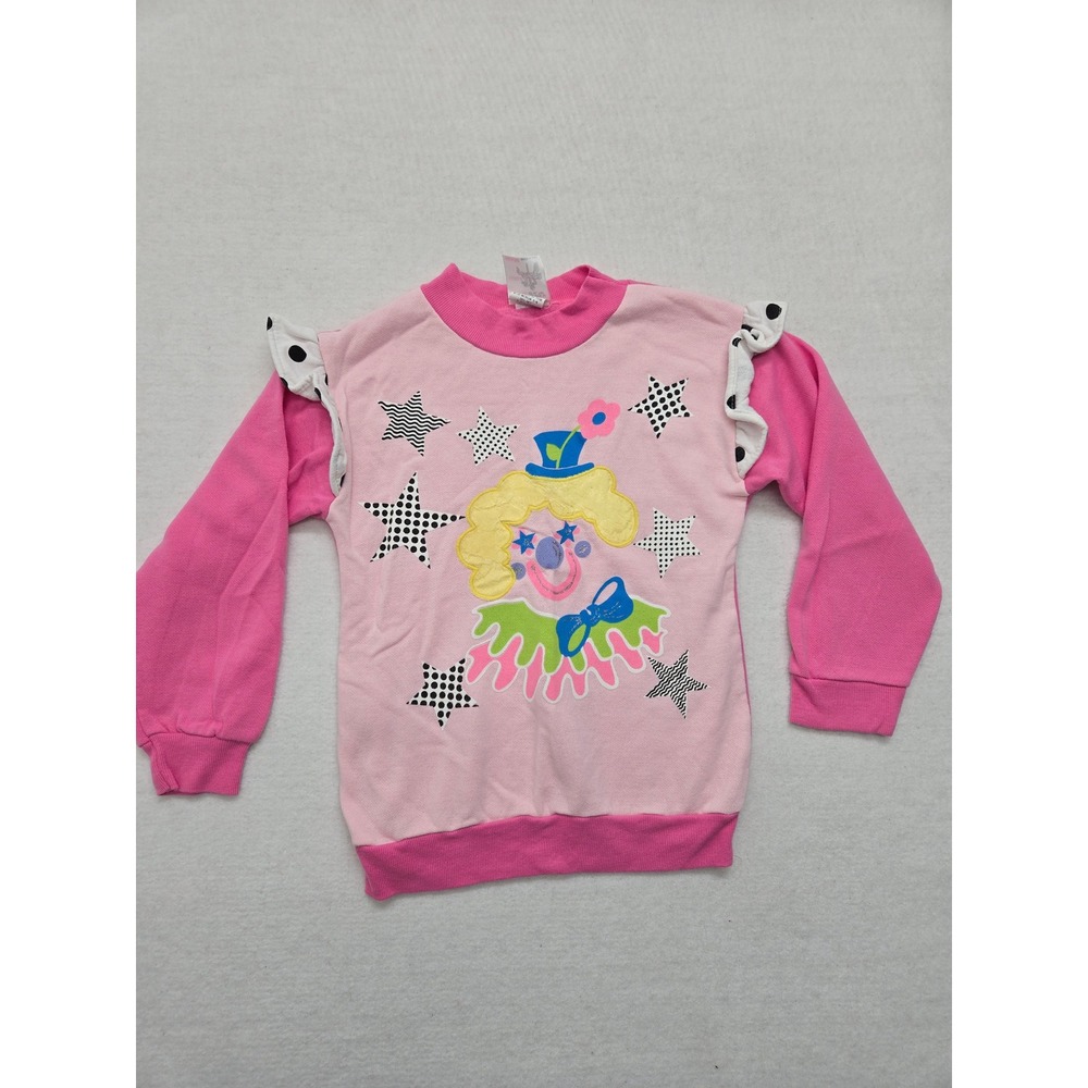 Vintage Sears Clown Sweatshirt Girls Medium 5-6 Pink Ruffle Sleeve Pullover